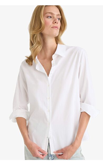 DeFacto Regular Fit Gömlek Yaka Poplin Uzun Kollu Gömlek F9072AX25AUWT36