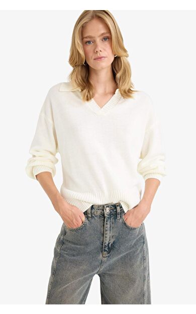 DeFacto Oversize Geniş Kalıp Polo Yaka Triko Kazak F9126AX25WNER99