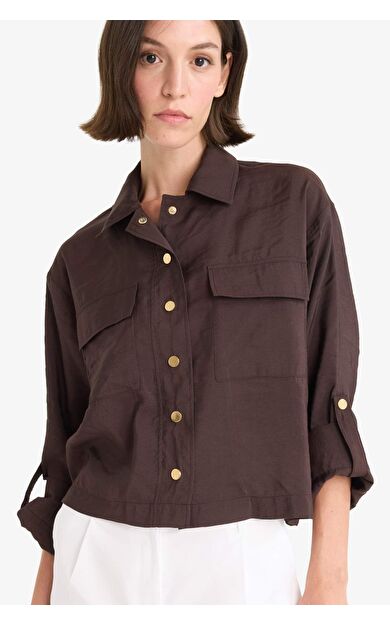 Regular Fit Gömlek Yaka Keten Karışımlı Beli Lastikli İnce Ceket