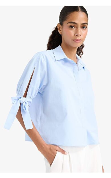 DeFacto Regular Fit Gömlek Yaka Poplin Uzun Kollu Gömlek F9139AX25WNBE745