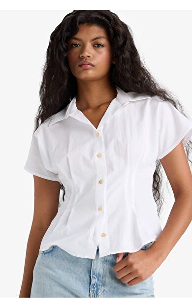 Regular Fit Gömlek Yaka Krep Kolsuz Bluz