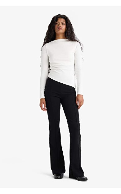 Flare Fit Yüksek Bel İspanyol Paça Uzun Krep Pantolon