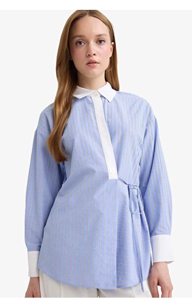 DeFacto Regular Fit Gömlek Yaka Çizgili Poplin Uzun Kollu Tunik