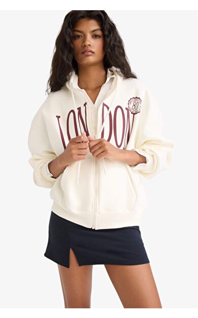 Oversize Geniş Kalıp Kapüşonlu Baskılı Fermuarlı Sweatshirt