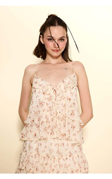 Coool Regular Fit Dokulu Önden Bağlamalı Askılı Bluz