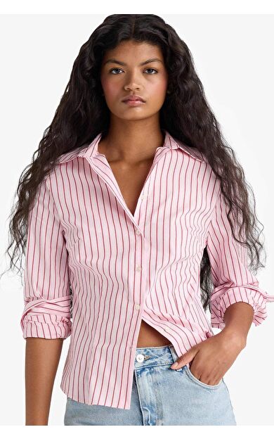 Fitted Gömlek Yaka Çizgili Poplin Uzun Kollu Gömlek