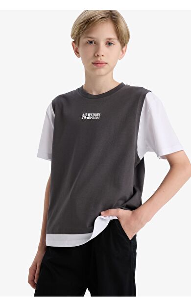 Erkek Çocuk Oversize Geniş Kalıp Bisiklet Yaka Slogan Baskılı Kısa Kollu Tişört