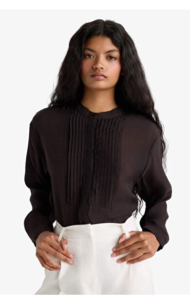 Oversize Geniş Kalıp Hakim Yaka Tensel Uzun Kollu Gömlek