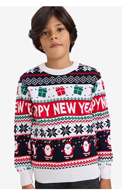 Erkek Çocuk Yılbaşı Temalı Regular Fit Bisiklet Yaka Triko Kazak