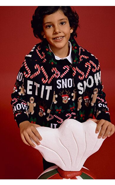 Erkek Çocuk Yılbaşı Temalı Regular Fit Bisiklet Yaka Triko Kazak