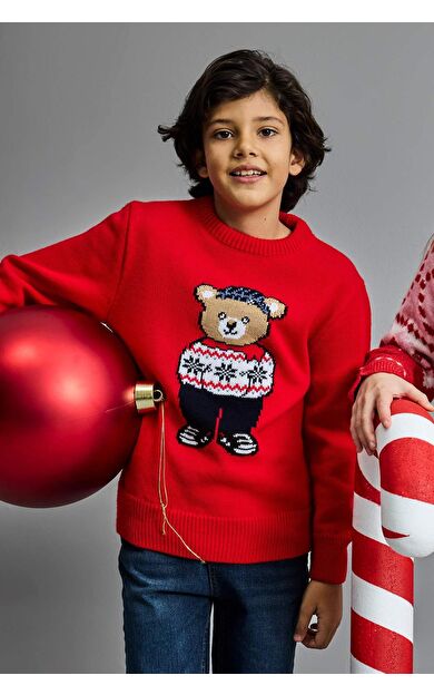 Erkek Çocuk Yılbaşı Temalı Bisiklet Yaka Triko Kazak