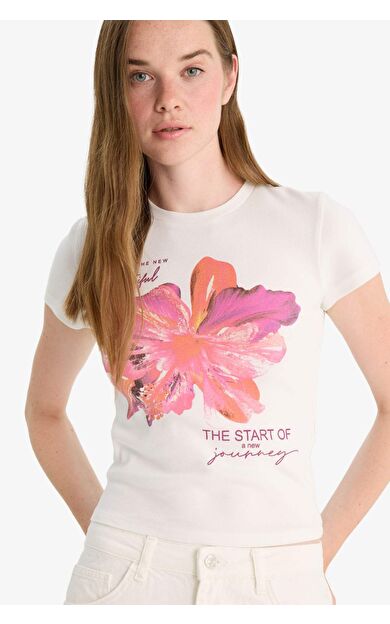 Fitted Bisiklet Yaka Baskılı Ribana Kısa Kollu Tişört F9238AX25HSWT32