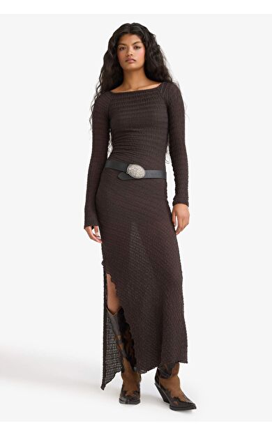 Kayık Yaka Bürümcük Uzun Kollu Maxi Elbise