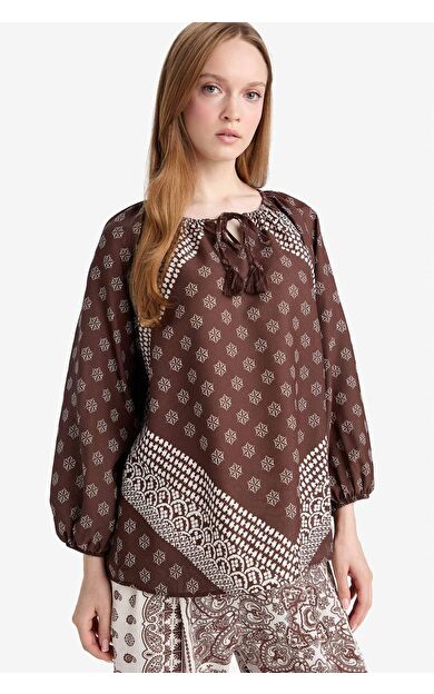 Relax Fit Bisiklet Yaka Bağlamalı Desenli Uzun Kollu Bluz