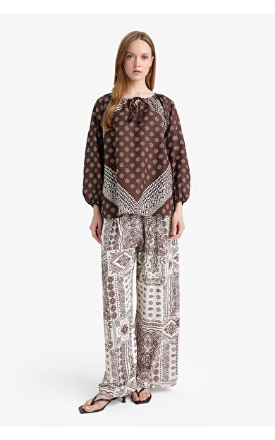 DeFacto Wide Leg Cep Detaylı Geniş Paça Keten Karışımlı Desenli Pantolon