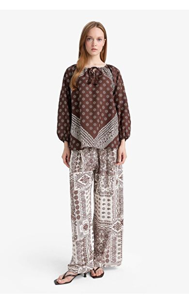 Wide Leg Cep Detaylı Geniş Paça Keten Karışımlı Desenli Pantolon