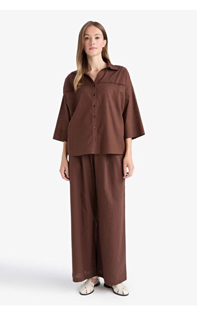 DeFacto Wide Leg Cep Detaylı Geniş Paça Keten Karışımlı Pantolon