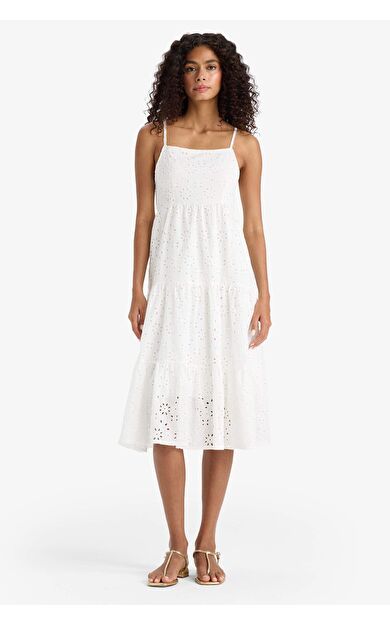 Kare Yaka Terry Cotton Beyaz Askılı Midi Elbise