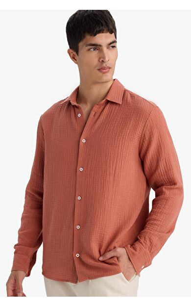 DeFacto Regular Fıt Polo Yaka Pamuklu Uzun Kollu Gömlek