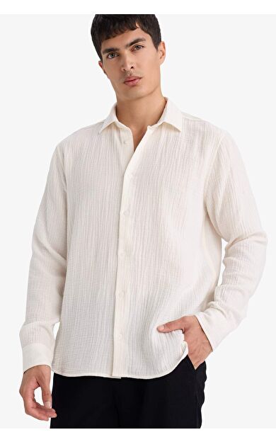 DeFacto Regular Fıt Polo Yaka Pamuklu Uzun Kollu Gömlek