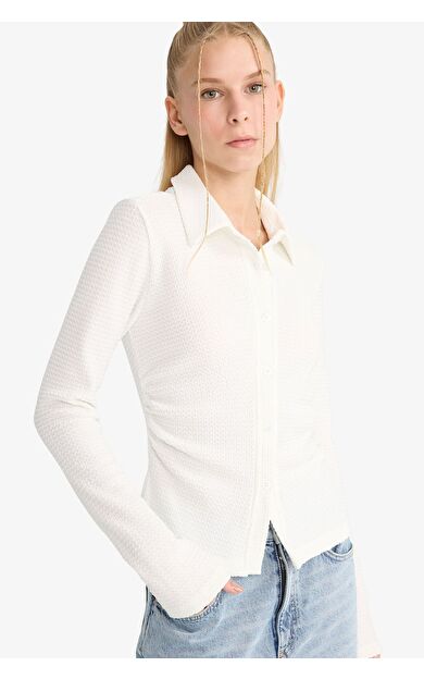 DeFacto Coool Fitted Gömlek Yaka Bürümcük Uzun Kollu Gömlek F9284AX25AUWT32