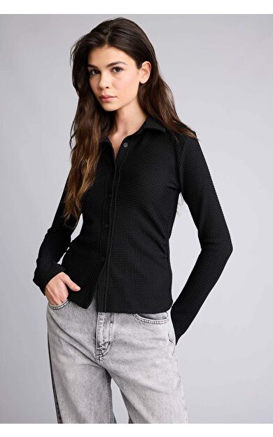 Fıtted Gömlek Yaka Bürümcük Uzun Kollu Gömlek