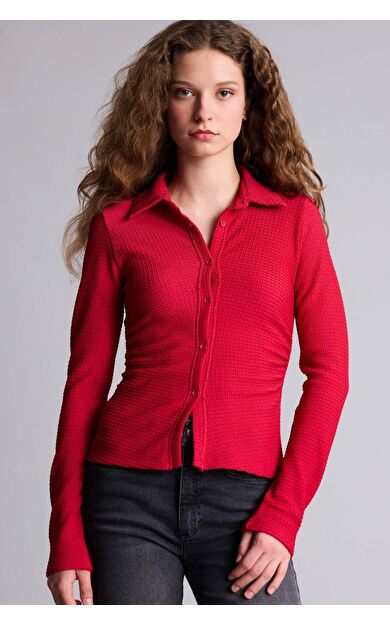 Fıtted Gömlek Yaka Bürümcük Uzun Kollu Gömlek