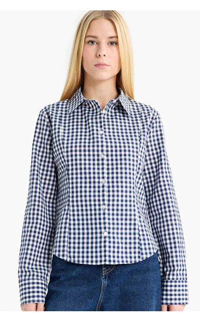 DeFacto Coool Fitted Kareli Poplin Uzun Kollu Gömlek
