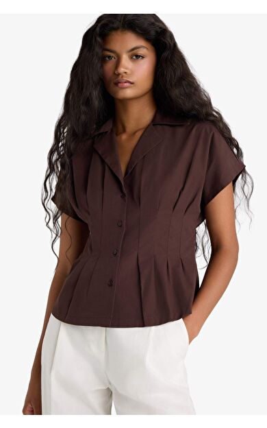 Fitted Ceket Yaka Poplin Kısa Kollu Gömlek F9335AX25AUBN340