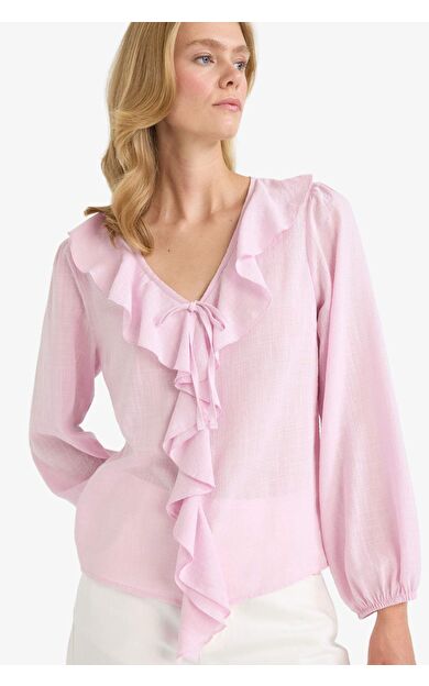 Regular Fit V Yaka Volanlı Pamuklu Uzun Kollu Bluz