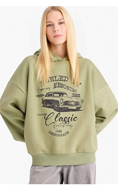 Overshirt Fit Kapüşonlu Baskılı Sweatshirt