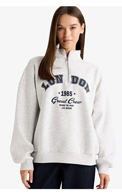 Overshirt Fit Yarım Fermuarlı Baskılı Kalın Kumaş Sweatshirt