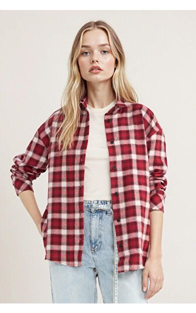 Oversize Geniş Kalıp Gömlek Yaka Kareli Uzun Kollu Gömlek F9470AX25AURD166