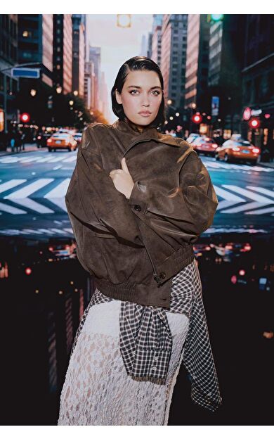 Afra x DeFacto Dad Fit Polo Yaka Fermuarlı Süet Ceket