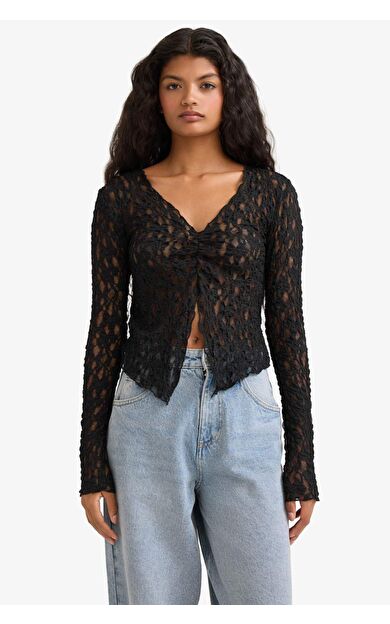 DeFacto A Kesim V Yaka Dantel Uzun Kollu Tişört