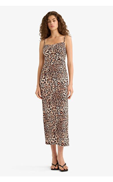 DeFacto Bodycon Vücudu Saran Leopar Desenli Askılı Maxi Elbise