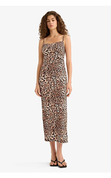 DeFacto Bodycon Vücudu Saran Leopar Desenli Askılı Maxi Elbise