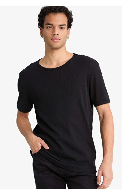 Slim Fit Dar Kesim Bisiklet Yaka Ribana Kısa Kollu Tişört F9535AX25HSBK81