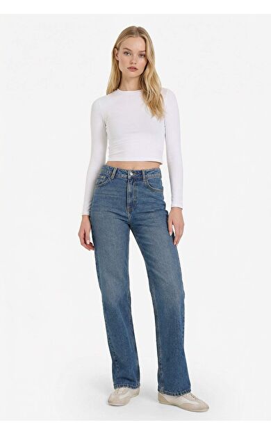 DeFacto 90's Wide Leg Yüksek Bel Düz Paça Uzun Jean Yıkamalı Pantolon