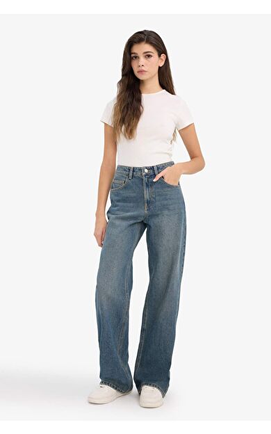 Straight Wide Yüksek Bel Geniş Paça Jean Kar Yıkamalı Pantolon