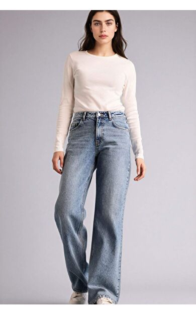 Straıght Wıde Yüksek Bel Geniş Paça Uzun Jean Pantolon