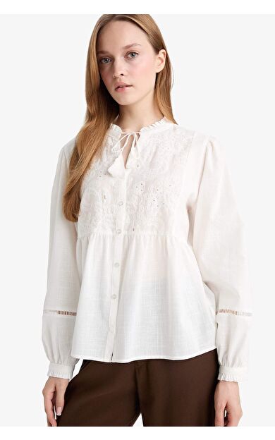 Relax Fit Bağlamalı Flamlı Pamuk Uzun Kollu Gömlek