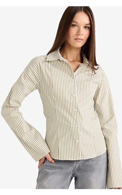 Fitted Gömlek Yaka Poplin Uzun Kollu Gömlek F9645AX25AUGN278