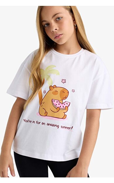 DeFacto Kız Çocuk Oversize Geniş Kalıp Bisiklet Yaka Baskılı Kısa Kollu Tişört F9722A825HSWT34