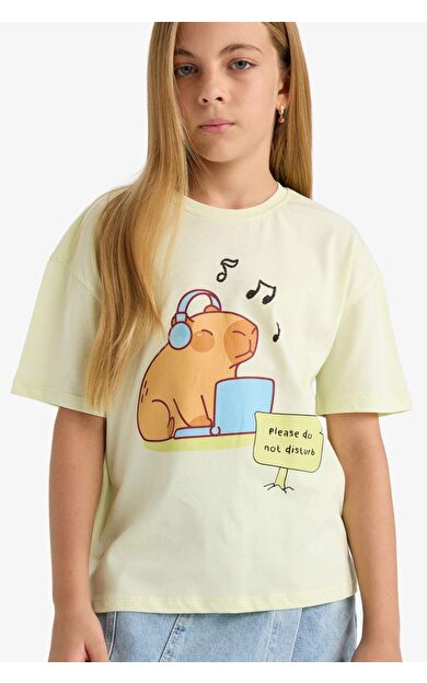 Kız Çocuk Relax Fit Hayvan Desenli Kısa Kollu Tişört