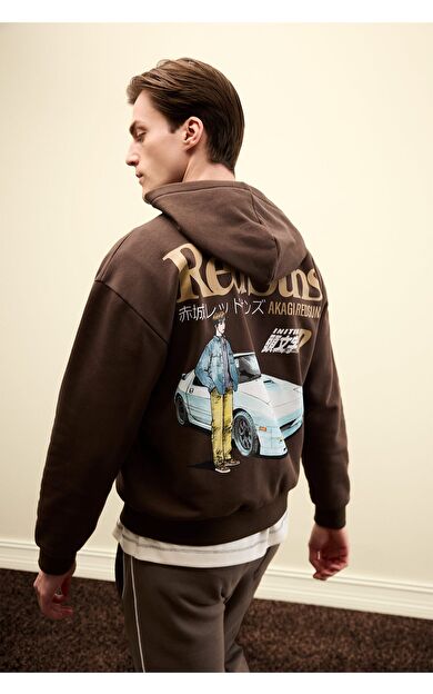 DeFacto Inıtıal D Boxy Fıt Kapüşonlu Baskılı Kalın Sweatshirt Kumaşı Sweatshirt