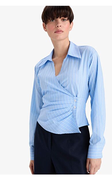 Regular Fit V Yaka Çizgili Bengalin Uzun Kollu Gömlek