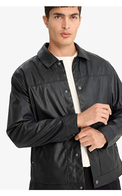 Regular Fit Çıtçıtlı Suni Deri Ceket Mont