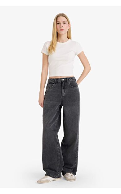 Baggy Fit Yüksek Bel Düz Paça Jean Yıkamalı Pantolon