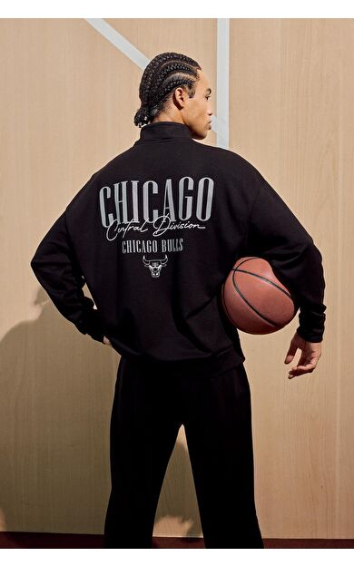 DeFacto DeFactoFit NBA Chicago Bulls Oversize Geniş Kalıp Dik Yaka Fermuarlı Sweatshirt